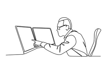 A businessman looking at monitors analyzing the data showed on screen- Continuous one line drawing
