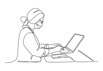 Business woman working on a laptop while wearing protective face mask to prevent virus infection - Continuous one line drawing