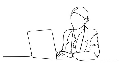 Business woman working on a laptop - Continuous one line drawing