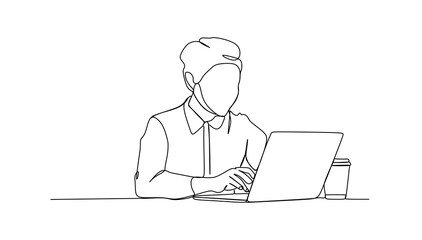 Fototapeta na wymiar Business woman working on a laptop while having a cup of coffee - Continuous one line drawing