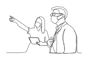 Businesswoman explain about something to the man. They are wearing the face protective mask. Continuous one line drawing