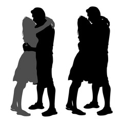 Vector silhouettes of a couple in love, a guy and a girl are hugging each other, kissing a man and a woman isolated on white background, two options, for the design of cards for Valentine's Day