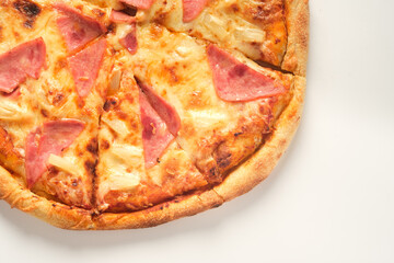 Pizza with ham and cheese isolated on white background. Italian food concept. Appetizing pizza.