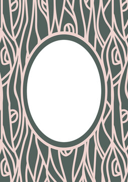Vector design with elliptical frame, could be scaled to A4 size. Wood texture imitation in pink and green colours for delicate and modern design. For posters, cards, inivitation and design