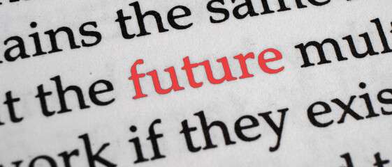 Selective focus on the red word future. Macro shot printed red colour word Future on a piece of paper.