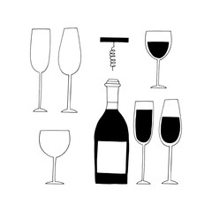 bottle, glasses with wine and empty and corkscrew set icon, sticker. sketch hand drawn doodle style. minimalism, monochrome. drinks, bar.