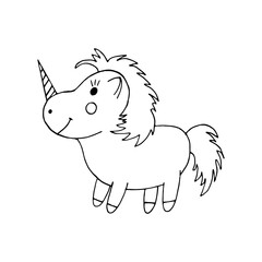cute unicorn icon, sticker. sketch hand drawn doodle style. minimalism, monochrome. fairy tale child character.