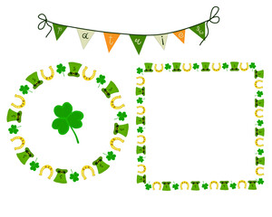 Streamers and a round and square frame with a green hat and a horseshoe. St. Patrick's Day Decoration