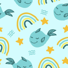 cute fish whale vector seamless pattern with rainbow, stars, waves. hand drawn. illustration for childrens wallpaper, wrapping paper, textiles. blue, gold. marine animal, sea, dreams.