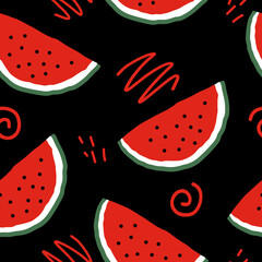 watermelon slices and doodles vector seamless pattern. hand drawn. illustration for wallpaper, wrapping paper, textile, background. red juicy summer fruit.