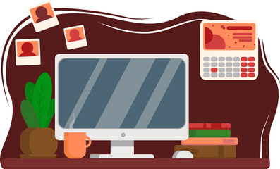 Office table. Design for collaboration. Desktop with computer, folders, coffee mug. Vector illustration in a flat style.