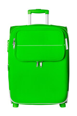 Green fabric travel suitcase with zipper, handle and lock white background isolated close up front view, large cloth baggage case, big textile luggage trolley bag, summer holidays, tourism, vacation