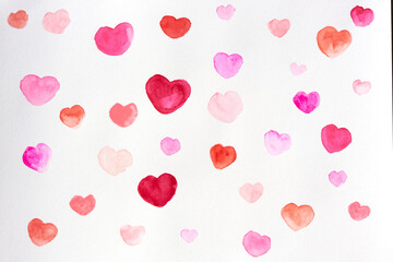 Background watercolor painting of hearts in defferent colors