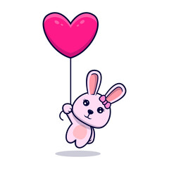 Cute bunny girl floating with heart ballon design icon illustration