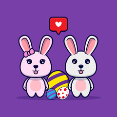 Cute bunny couple and decorative eggs for easter day design icon illustration