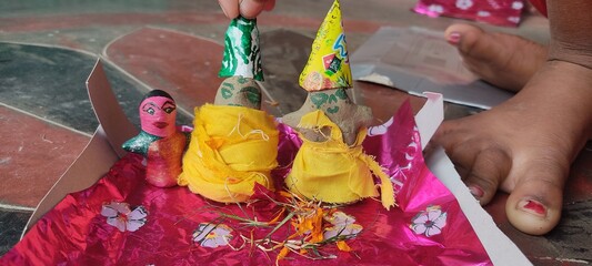 doll, made by hand from textiles, in retro style. Handmade colorful childhood dolls.A beautiful barbie with a hat on head. Stylish doll. 