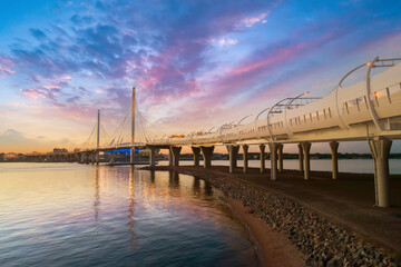 Obraz premium Saint-Petersburg, Russia. Petersburg bridges. Cable-stayed bridge under a beautiful sky. Highways Of Petersburg. Cable-stayed bridge over the Neva river. Obukhov bridge. Western high-speed diameter.