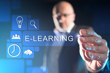Training course on Internet. E-learning logo. Businessman in background. He reaches for E-learning inscription on virtual screen. Concept online business training course. Teaching people in Internet