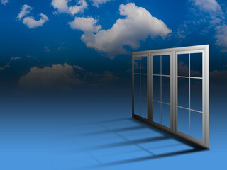 Fototapeta premium Flat window frames on background sky. Flat illustration of closed windows on an abstract theme. Sky as a symbol of religion and faith in God. Religious concept. Windows symbolize an exit to God