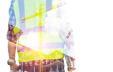 Double exposure image of Engineer holding Laptop against the background of surreal construction site.