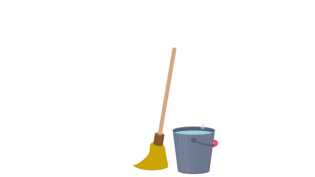 Cleaning. Washing bucket and mop animation, alpha channel enabled. Cartoon