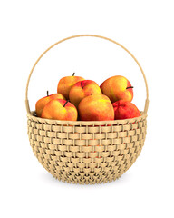 wooden wicker basket and apples on white background. Isolated 3D illustration