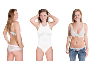 Blonde young woman with perfect figure wearing underwear and swimwear,  isolated in front of white...