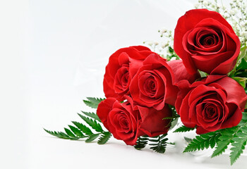 Red rose, Beautiful red rose and green leaves isolated on white background,