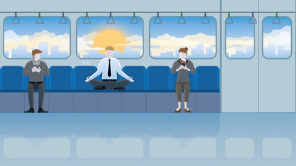 Obraz premium Peace of mind and attention from other passengers. Meditation businessman sitting cross-legged on seat in train public transportation. Relieve stress, mindfulness, knowing breath and relax after work.