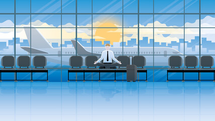 Peace of mind concept. Meditation office people sitting cross-legged on a seat at international airport. Relieve stress, mindfulness, knowing breath and relaxing time waiting for business trip flight.