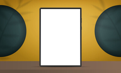 Tablet with a white screen. Yellow room with design background and empty shelf. Yellow studio background space with leaf shadows. Vector. Realistic style.