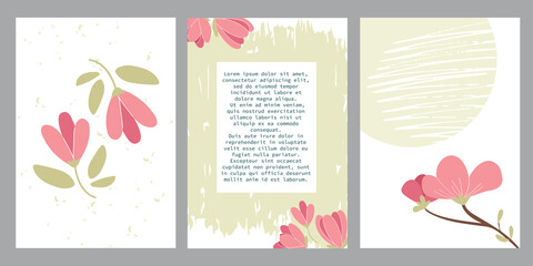 Vector set of three templates for greeting cards. The pink magnolia is hand-drawn. Cartoon Asian flower. Greeting cards for greetings, invitations, celebrations with text space. © Natur19
