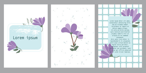 Vector set of three templates for greeting cards. The japanese purple magnolia is hand-drawn. Cartoon Asian flower. Greeting cards for greetings, invitations, celebrations with text space.