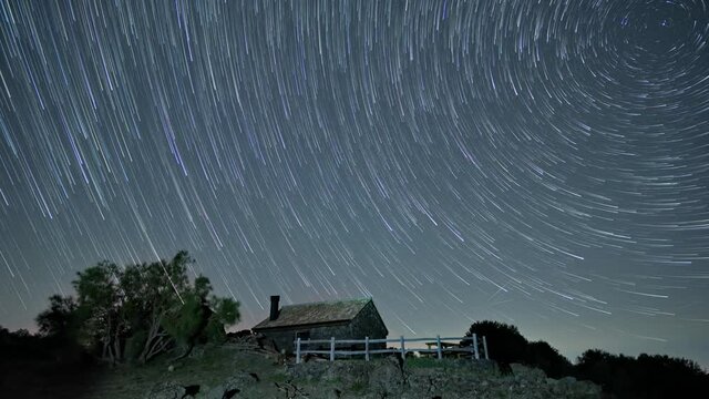 timelapse night stars of Sicily sky on mountain refuge in Etna Park (comet effect)