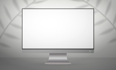 Monitor with a white screen in a light studio. White studio background space with shadows and shelf. Vector. Realistic style.