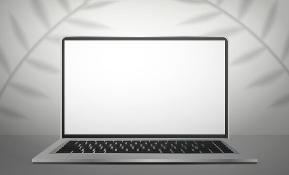Laptop with white screen in a light studio. White studio background space with shadows and shelf. Vector. Realistic style.