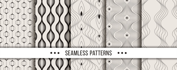Set of strict, minimalistic seamless patterns. Collection for coloring pages, tectile prints, decor, design. Vector illustrations