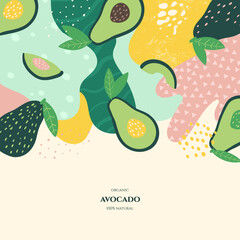 Vector frame with doodle avocado and abstract elements. Hand drawn illustrations.
