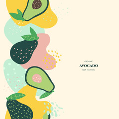 Vector frame with doodle avocado and abstract elements. Hand drawn illustrations.