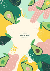 Vector frame with doodle avocado and abstract elements. Hand drawn illustrations.
