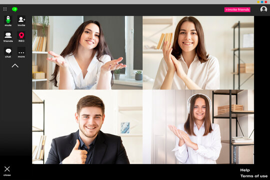 Online chat. Group conference. Distance communication. Remote presentation. Supportive corporate team applauding greeting successful female colleague with job promotion at virtual office on screen.