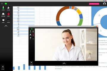 Fototapeta na wymiar Video conference. Online meeting. Remote work. Business webinar. Screenshot of cheerful female leader at light home office satisfied with charts graphs statistics review.