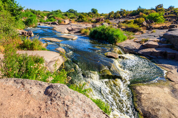 View of Tokovsky waterfalls on the Kamenka river in Dnipropetrovsk region, Ukraine