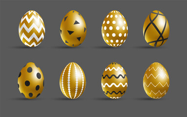 Easter golden eggs set. Luxury eggs with different black and white ornament. Spring holiday. Realistic vector illustration. For greeting card, promotion, poster, flyer, web banner, social media.
