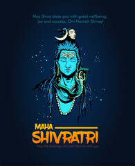 Greeting card for Hindu festival Maha Shivratri. Illustration of Lord Shiva,Indian God of Hindu for Shivratri with hindi text meaning om mahadev