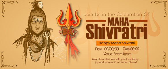 Greeting card for Hindu festival Maha Shivratri. Illustration of Lord Shiva,Indian God of Hindu for Shivratri with hindi text meaning om mahadev