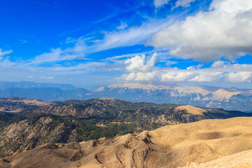 View of the Taurus mountains from a top of Tahtali mountain near Kemer, Antalya Province in Turkey