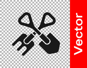Black Shovel and rake icon isolated on transparent background. Tool for horticulture, agriculture, gardening, farming. Ground cultivator. Vector Illustration.