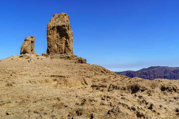 Huge vertical rock called Roque Nublo on the island of Gran Canaria. Protected natural park.
