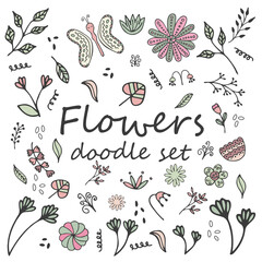 Vector cute doodle set with flowers, branches on white background.